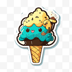 蓝色背景上的贴纸和角色冰淇淋卡