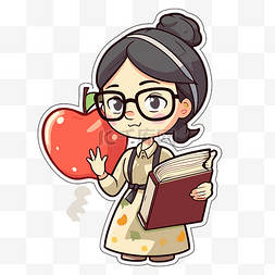 戴眼镜的女孩拿着红苹果并分发书