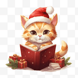 可爱卡通圣诞猫看书礼盒插画