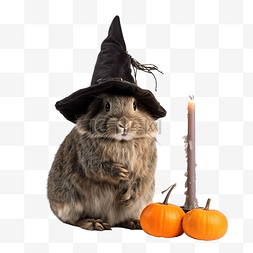 兔子戴帽子图片_万圣节兔子戴着巫婆帽子，有蜡烛