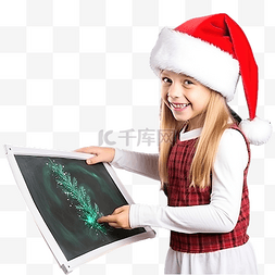女孩戴帽子素描图片_一个戴着圣诞老人帽子的女孩在黑