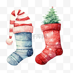 水彩圣诞针织帽子和袜子插画