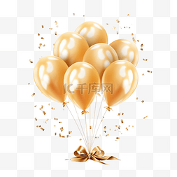 节日金色气球与飘带和五彩纸屑