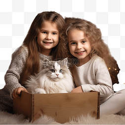 喜欢猫的人图片_装饰圣诞房间的盒子里有快乐的孩