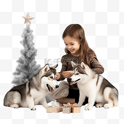 小孩子和小狗图片_小女孩在圣诞树附近和哈士奇小狗
