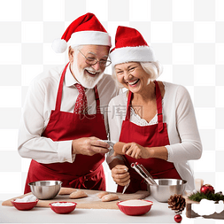 戴着圣诞红帽的老夫妇在厨房做饭