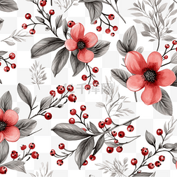 画布料图片_美丽的花卉灰度图案，有树枝和红