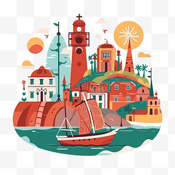 小镇卡通图片_葡萄牙剪贴画矢量图的小港口和海