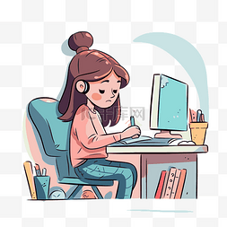 在线剪贴画卡通女孩独自在电脑上