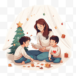 圣诞環图片_快乐的妈妈和儿子坐在地板上，在