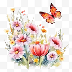粉色与蓝色花朵图片_方形拉米与花朵和蝴蝶水彩插图