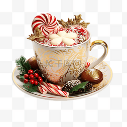 时间咖啡杯图片_圣诞咖啡杯，配有糖果和节日装饰