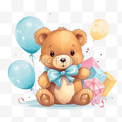 可爱的小熊，带着礼物鲜花和气球