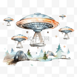 优质幻想图片_ufo科幻水彩剪贴画ai生成