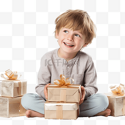 快乐的小微笑男孩玩圣诞礼品盒