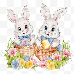 复活节小兔子用鲜花装饰一篮子彩