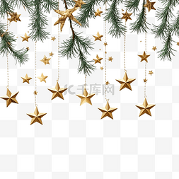 星型图片_圣诞白枞树枝与金色星星装饰