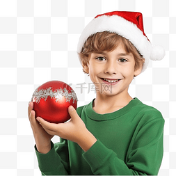 男孩抱球图片_一个戴着圣诞老人帽子拿着圣诞树
