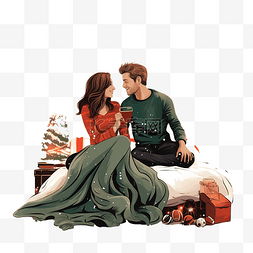 情侣相爱的图片_相爱的情侣坐在家里床上的圣诞树