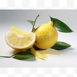 两半的芒果图片_柠檬切成两半，叶子放在一边