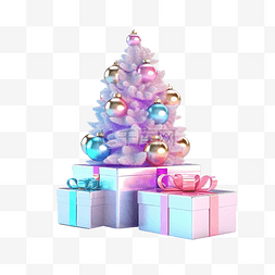 新年元素树图片_圣诞全息礼品盒 3D 渲染概念与球