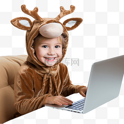 科技笔记本电脑图片_圣诞节期间，穿着鹿服装的小女孩