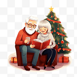 老夫妇坐在圣诞树旁一起读书