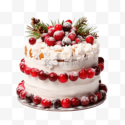 圣诞蛋糕，上面有小红莓和圣诞装