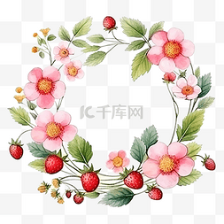 水果放图片_水彩野草莓枝花圆形花环框架