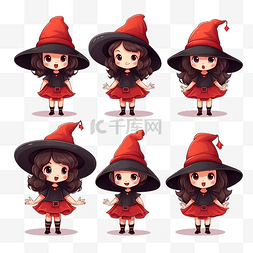 一套穿着红色小女巫服装的可爱女