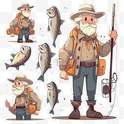 钓鱼卡通插画图片_渔夫剪贴画卡通和数字插图老人渔