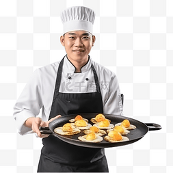 年轻的厨师图片_商人厨师摊位煮煎鸡蛋鸡肉出售
