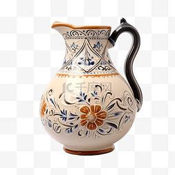 雕刻纪念品图片_白色背景中突显的复古装饰陶瓷壶