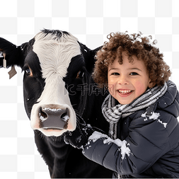 在圣诞节下雪图片_在白色圣诞农场与黑白公牛合影的