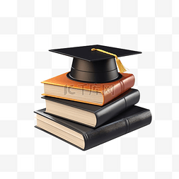3d 插图堆书和毕业帽