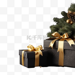 圣诞送礼品图片_圣诞礼品盒和松树，黑色圣诞装饰
