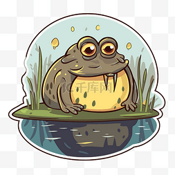 长着大牙齿的卡通青蛙躺在池塘上
