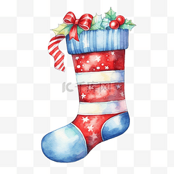 圣诞袜子贴纸，带有礼物水彩插图