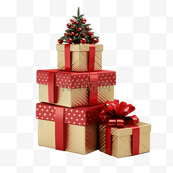 有红色弓和圣诞树的礼品盒