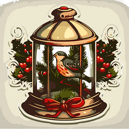 鸟笼与鸟图片_旧鸟笼里的矢量复古圣诞鸟插画