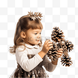 礼物箱图片_小女孩在圣诞树上玩松果装饰品