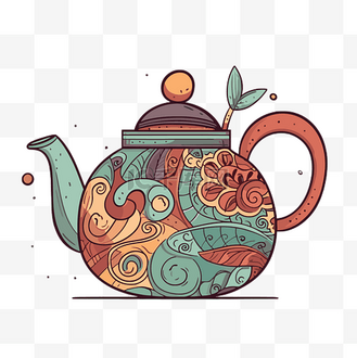 茶壶剪贴画 用彩色卡通装饰的茶壶的插图 向量