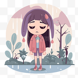 悲伤的女孩剪贴画卡通女孩脸在雨