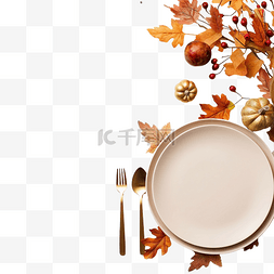桌布盘子图片_感恩节晚餐盘子的顶部视图，配有