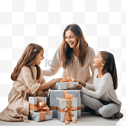 送人礼盒图片_幸福的家庭妈妈在家里有圣诞装饰
