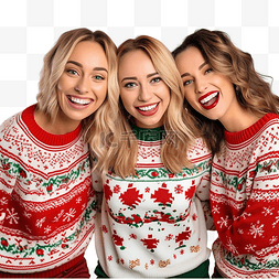 三人一组图片_三个穿着圣诞毛衣的有趣女孩自拍