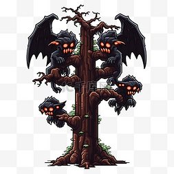 像素艺术万圣节幽灵树怪物与三只