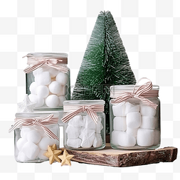 圣诞礼品盒和一罐棉花糖，白色木