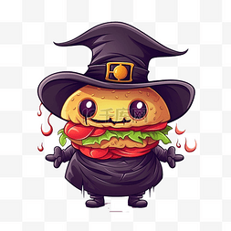 汉堡人物打扮成女巫矢量插画食物