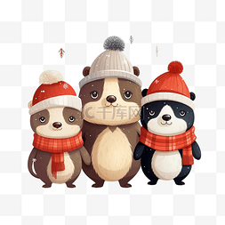 插画圣诞快乐图片_可爱的圣诞贺卡与可爱的动物插画